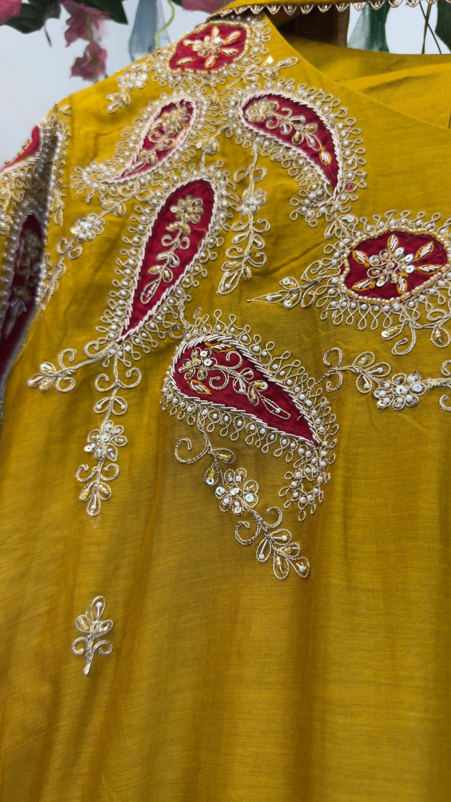 Silk appliqué Aline suit with mul chandari Dupatta and cotton silk pants