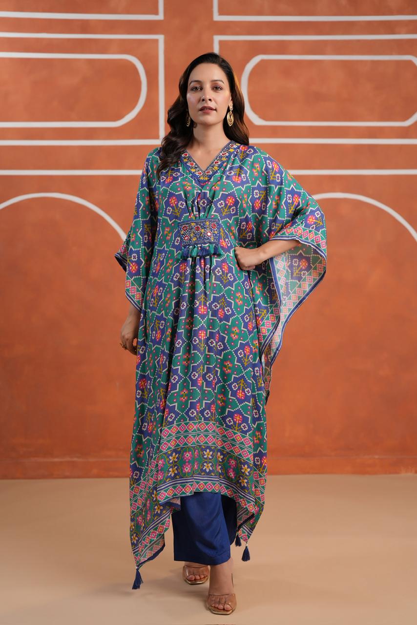 Blue Patola muslin silk kaftan pants with real mirror handwork detailing
