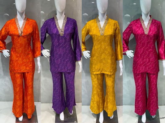 Trendy ethnic fusion Bandhani silk co ord set lining in both top & bottom