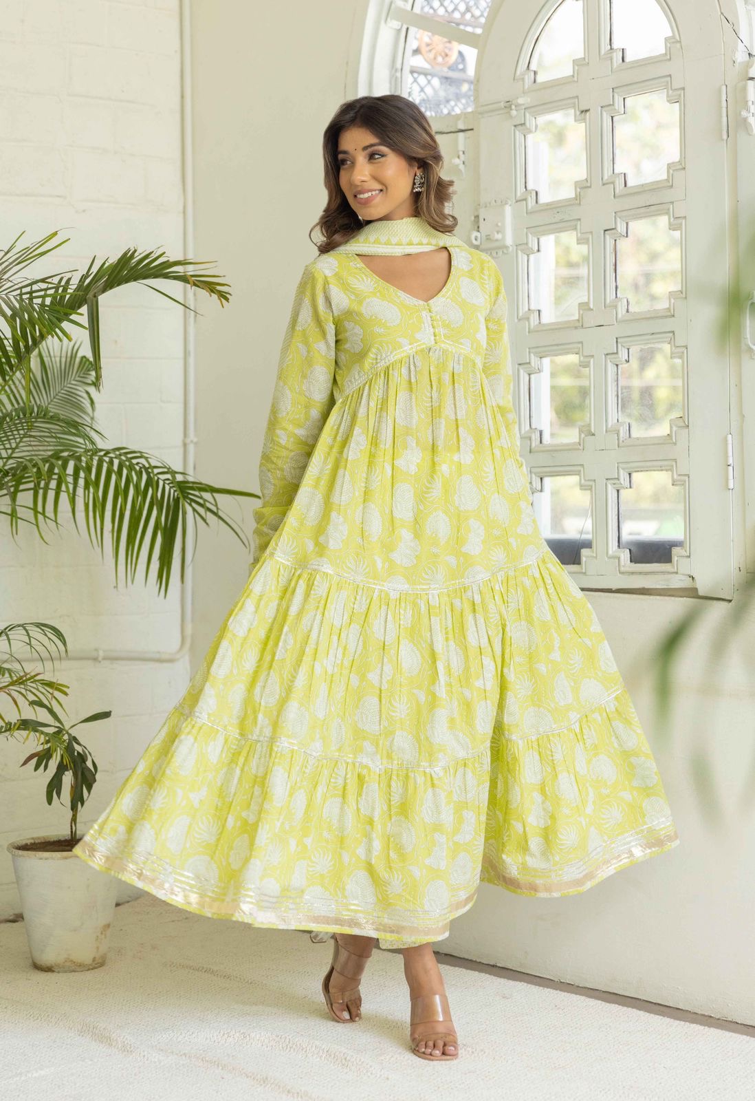 Preety green / purple cotton  layed anarkali