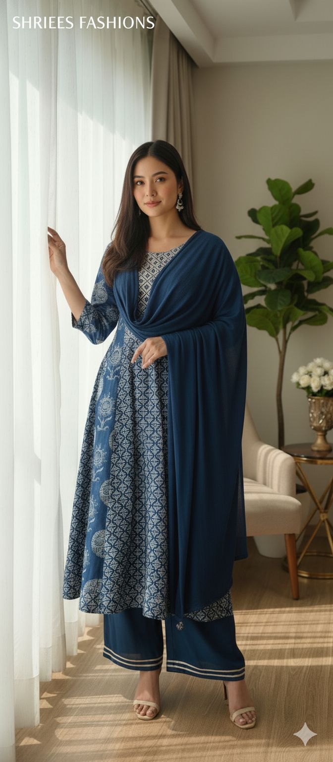 Indigo classy silk suit with real mirror work paired with chiffon Dupatta