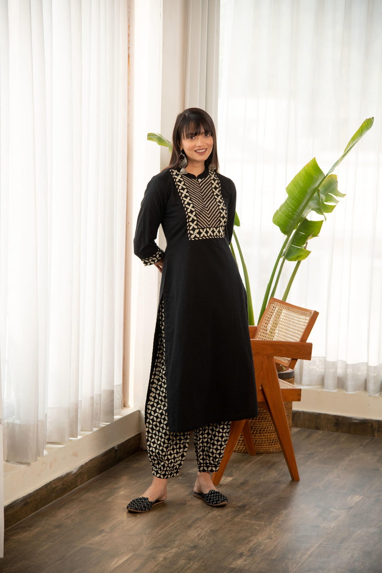 Black Dobby Straight Kurta with Printed Afghani bottom