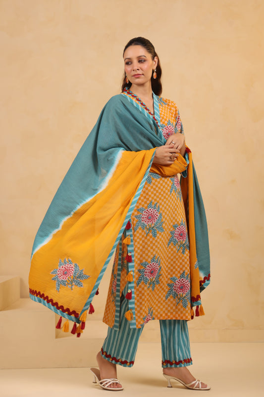 Yellow  Gomertical cotton premium suit with beautiful detailing & kota doria dupatta