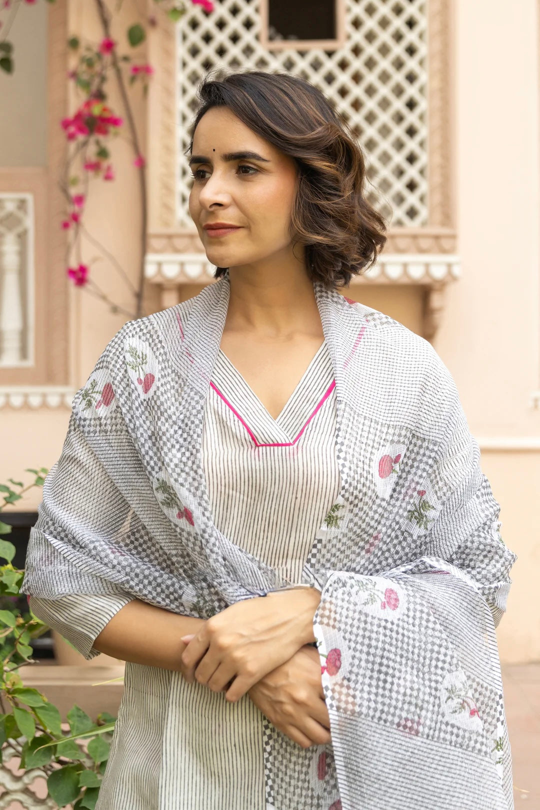 CHANDERI SILK STRIPES BLOCK PRINT KURTA SET IN SHADES OF IVORY & GREY