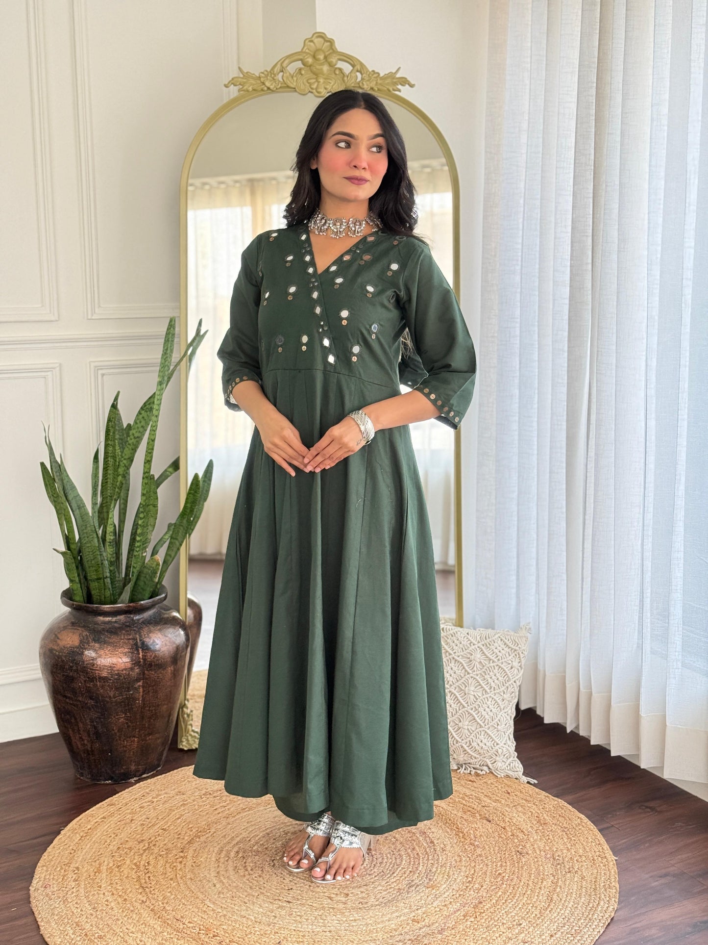 Bottle green Real mirror Anarkali