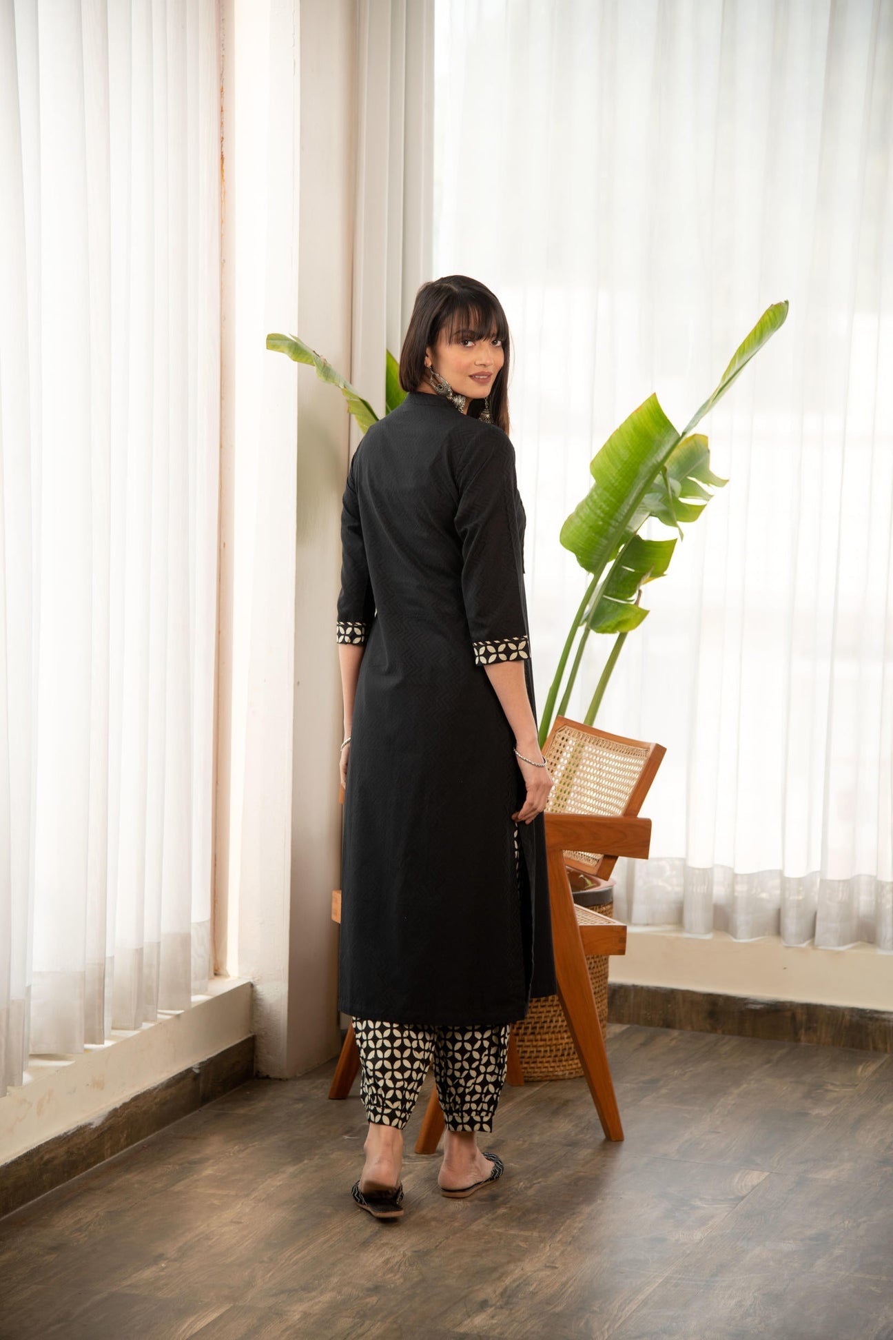 Black Dobby Straight Kurta with Printed Afghani bottom