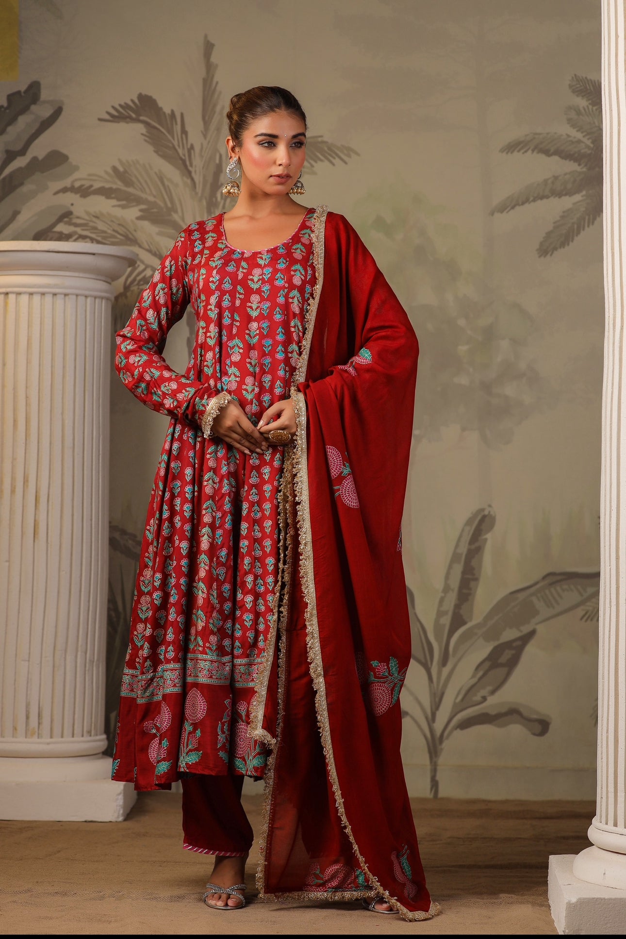 Red Block Print Mughal Print  Anarkali
