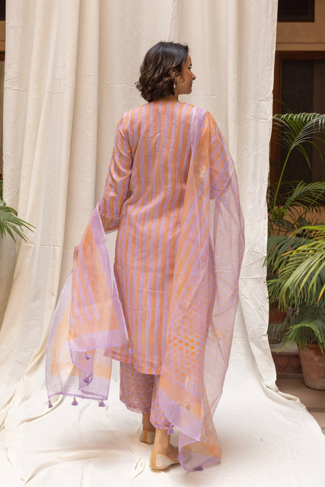 KOTA DORIA STRIPE BLOCK PRINT KURTA SET IN SHADES OF SWEET PEACH & LAVENDER
