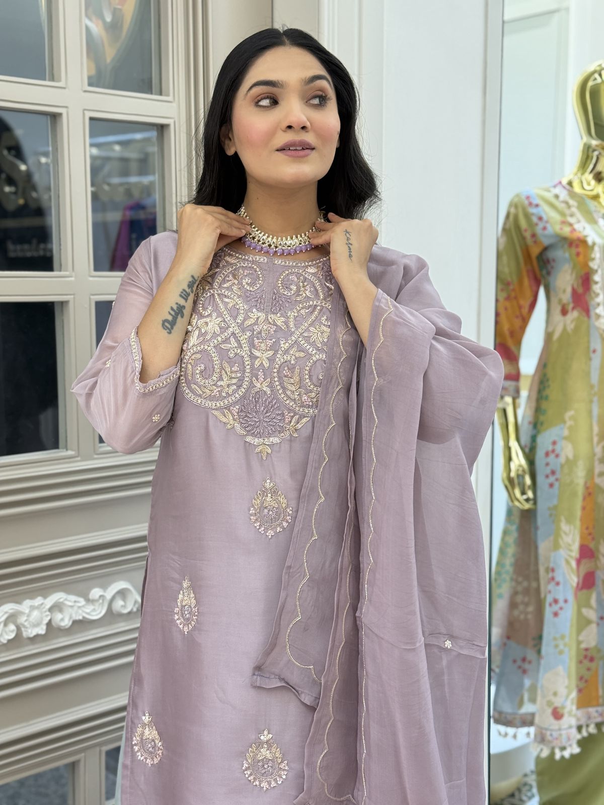 Premium organza tissue skirt top duppata set ( blue & purple )