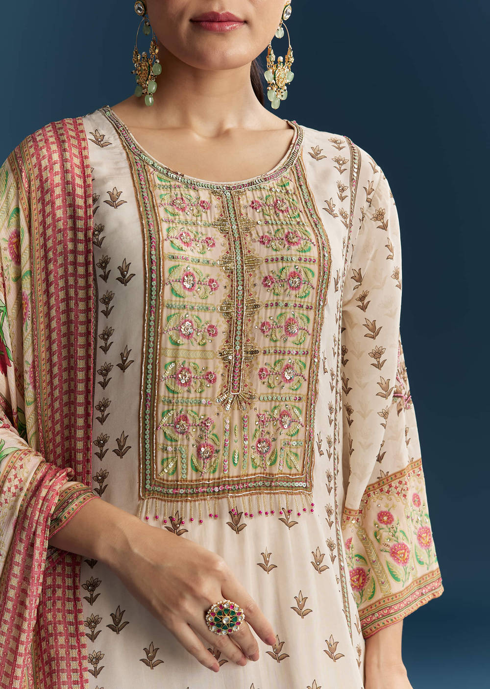 Mughal print crepe suit with pure chiffon Dupatta