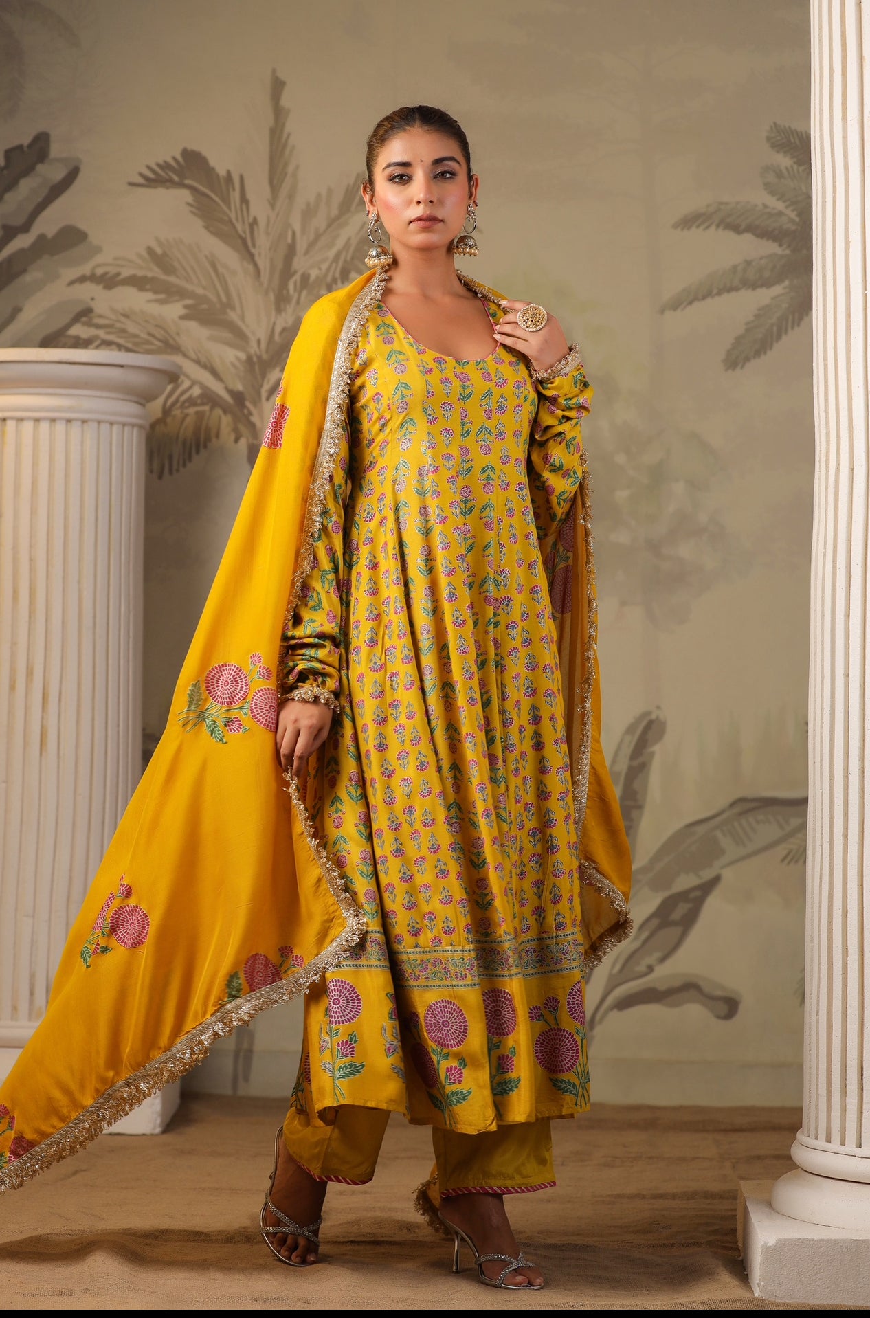 Yellow Block Print Mughal Print  Anarkali Suit