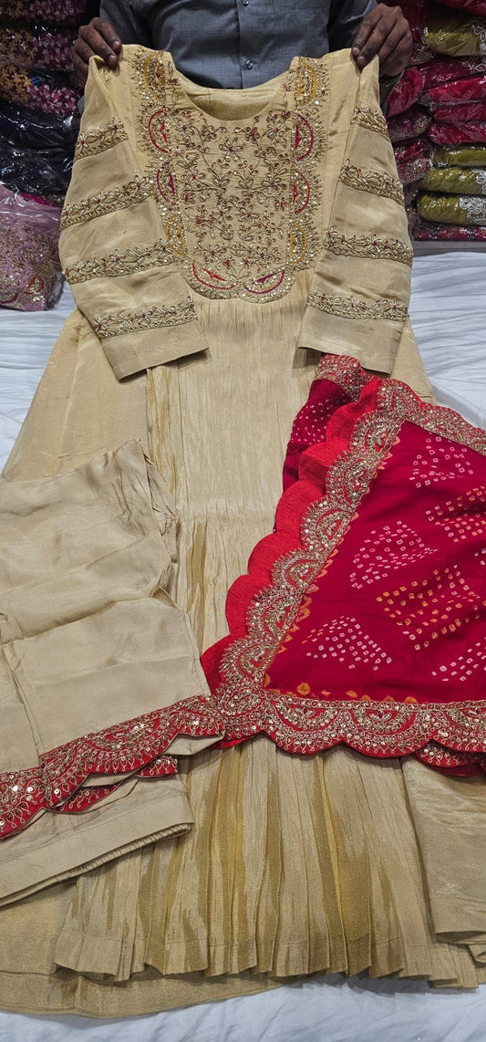 Ivory Handworked Pleated Anarkali Set with Bandhani Dupatta
