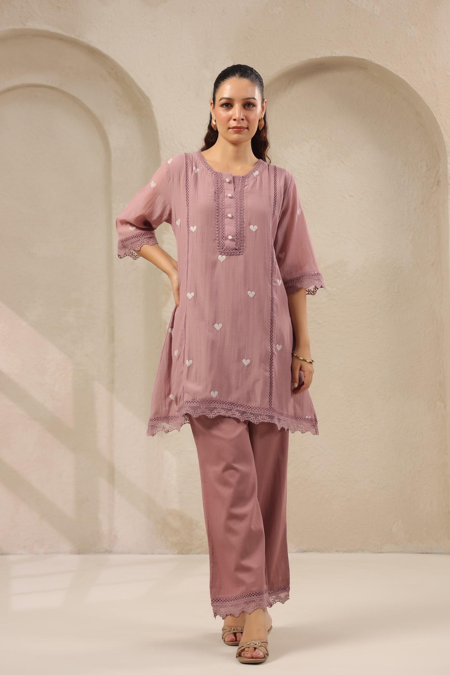 Heart onion pink mul chandari co ord set