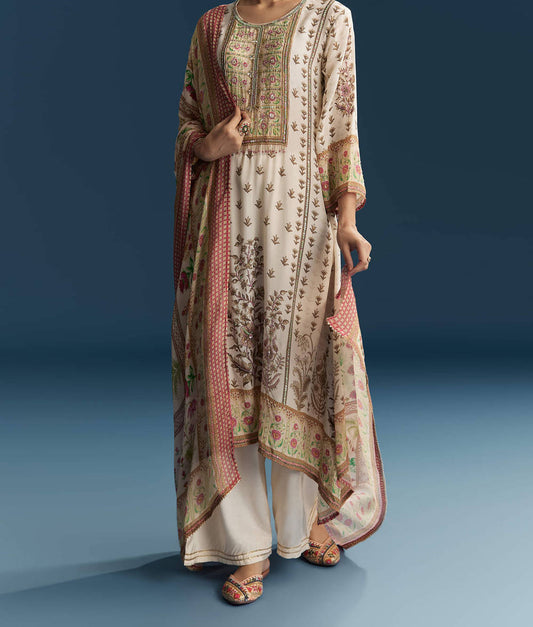 Mughal print crepe suit with pure chiffon Dupatta