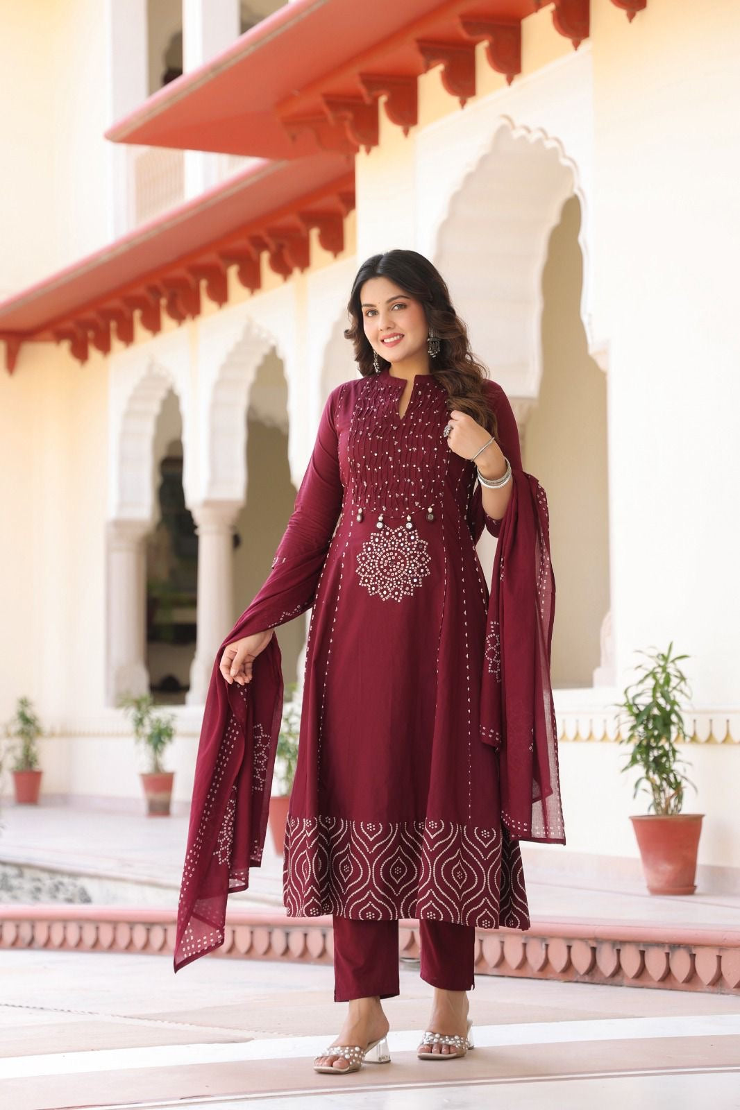 Maroon cotton Bandhani real mirror work detailing