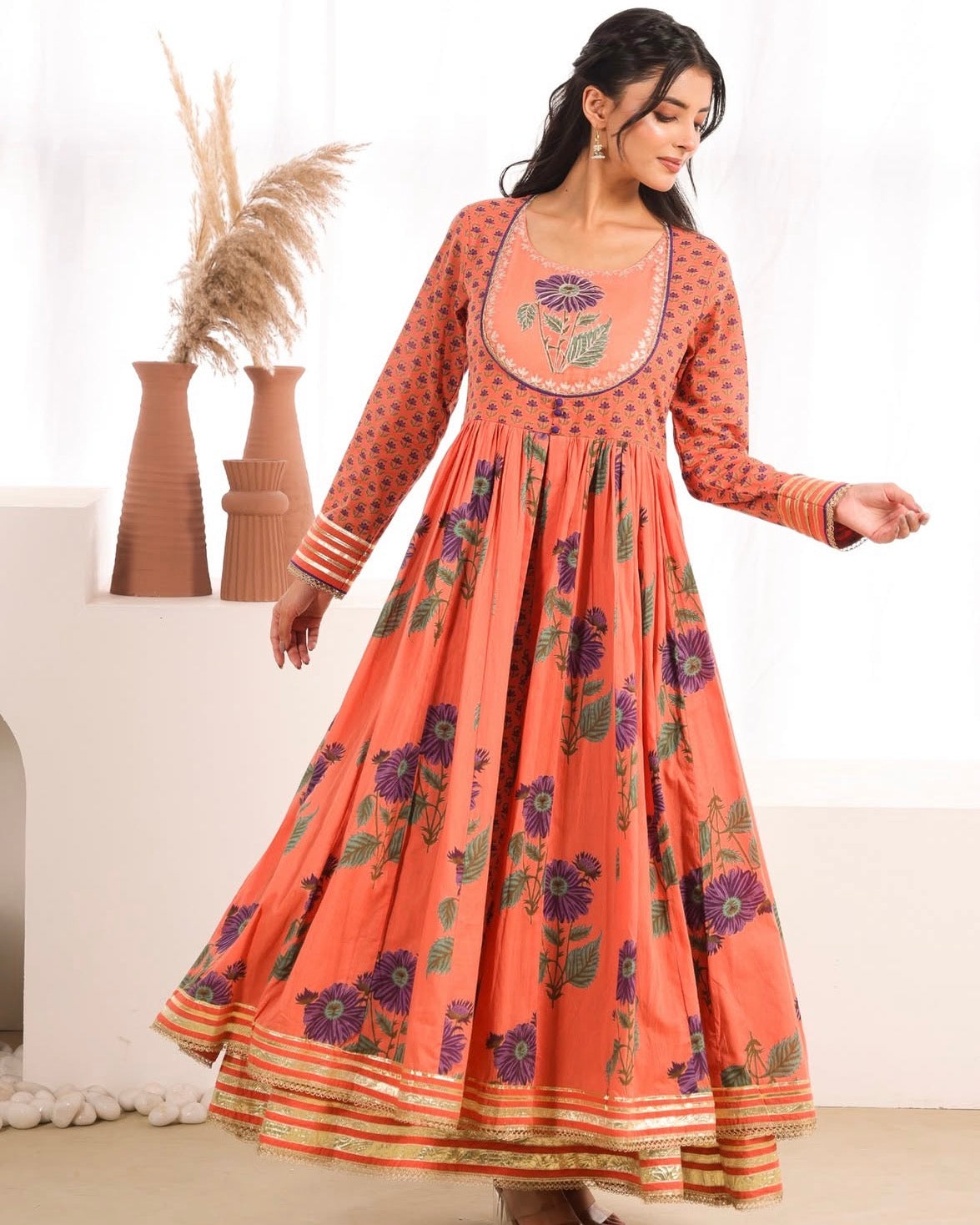 Double layer cotton gown with gota detailing ( length 53)