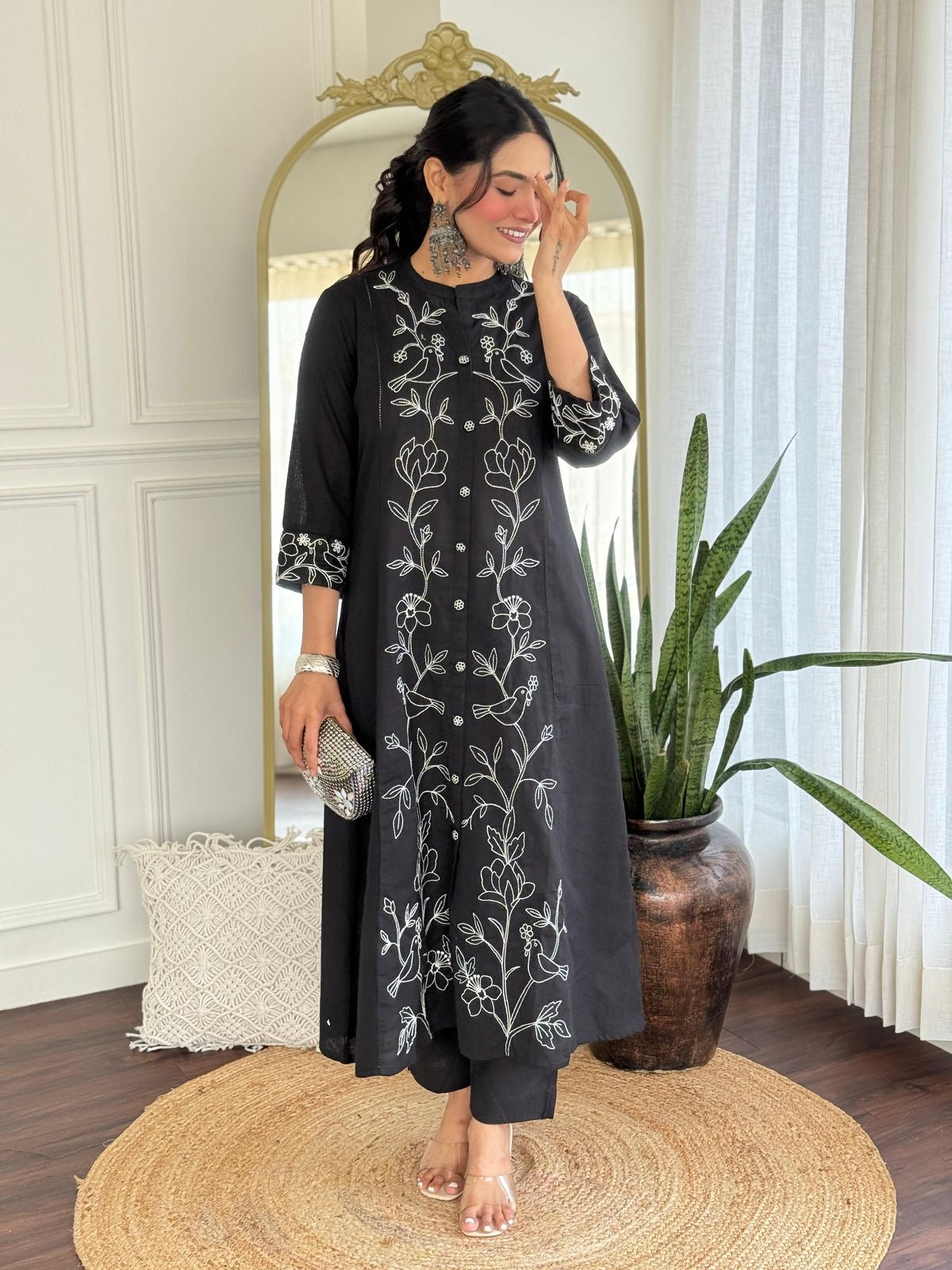 Black cotton embroidery kurta pant