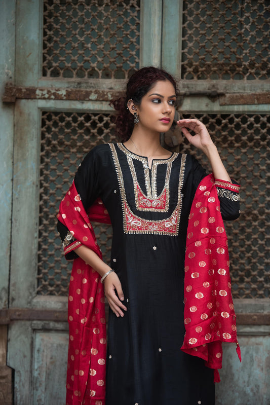 Black red silk suit