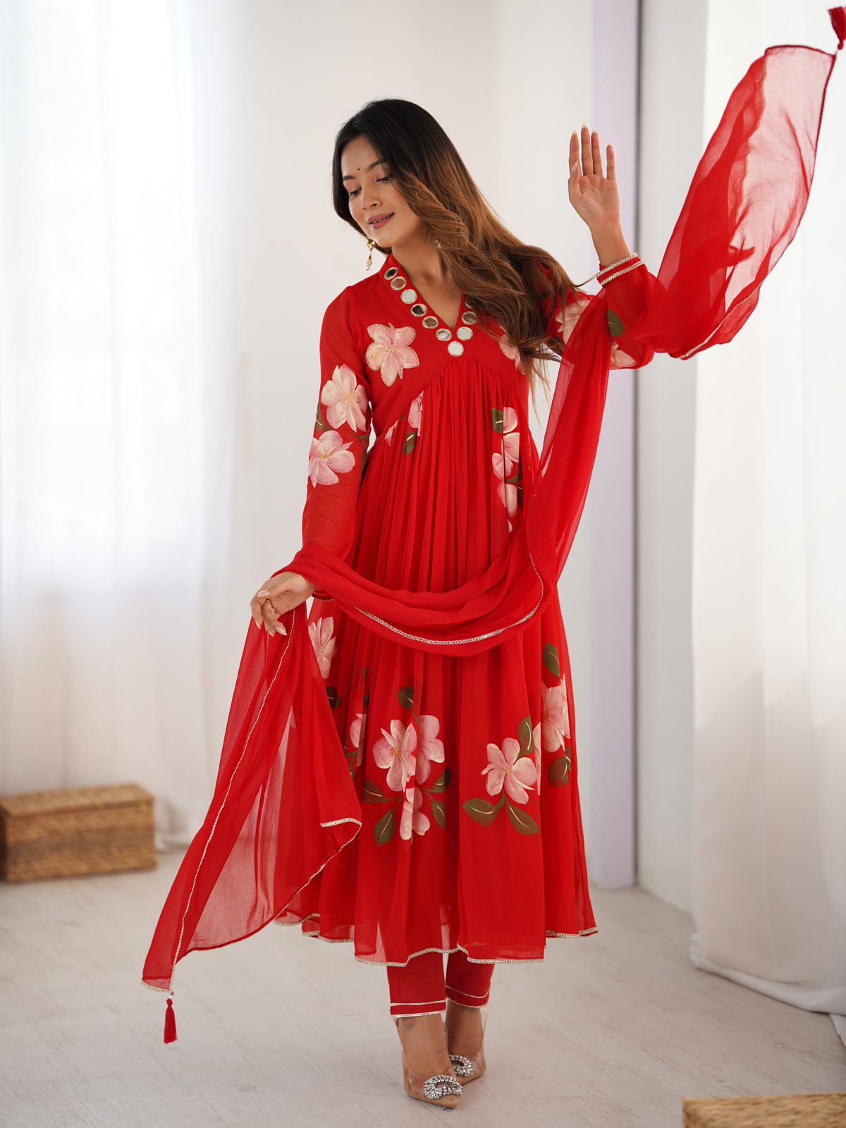 Chiffon real mirror Anarkali with handpainted detailing. Handwork on yoke.