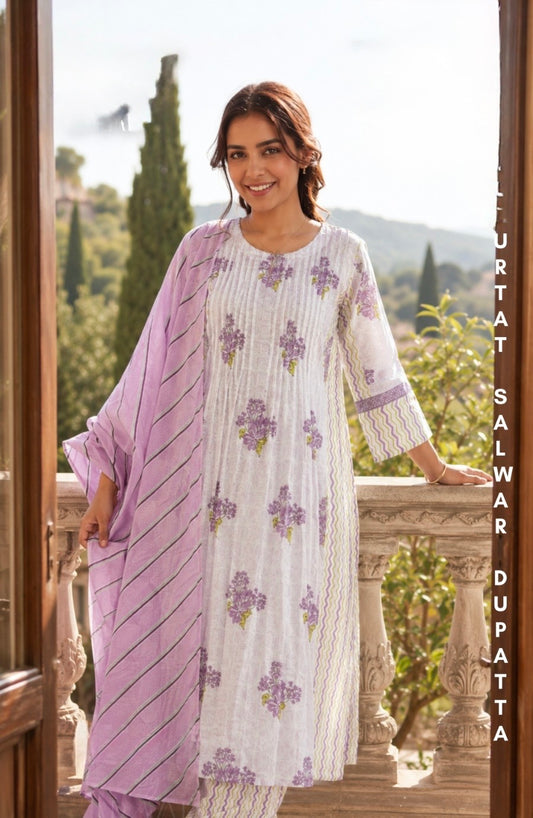 Cotton handblock suit with kota doria dup and lehriya cotton pants