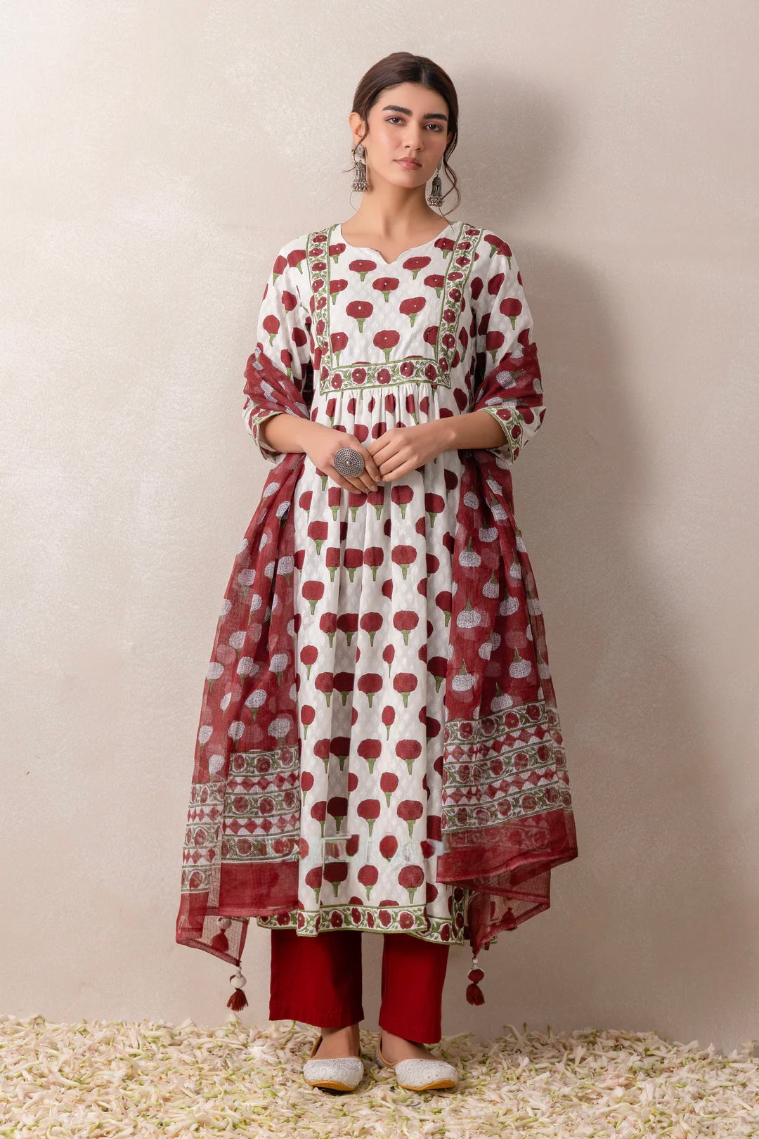 Marron marigold handblock cotton suit with pure kota doria dupatta