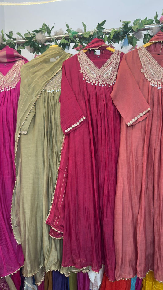 Hand work aline beautiful mul chandari suit