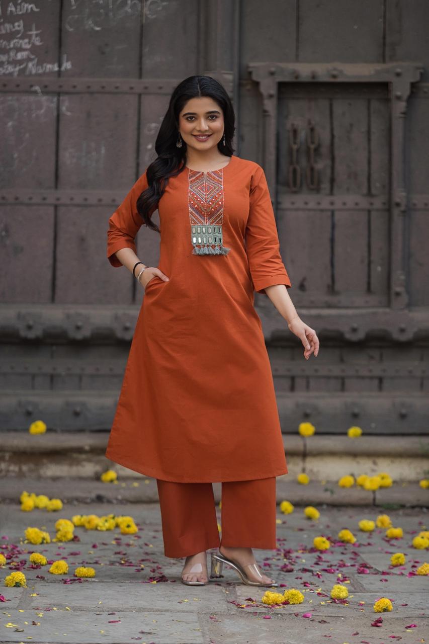 Slub cotton real mirror work kurta pant set