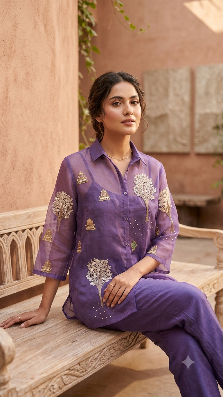 Premium organza with Zardari handwork all over top with silk pants