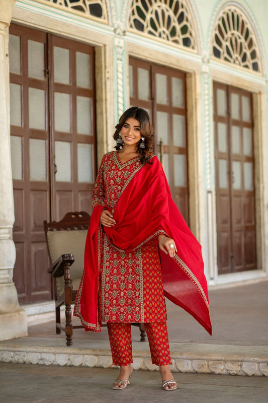 Red cotton kota doria suit