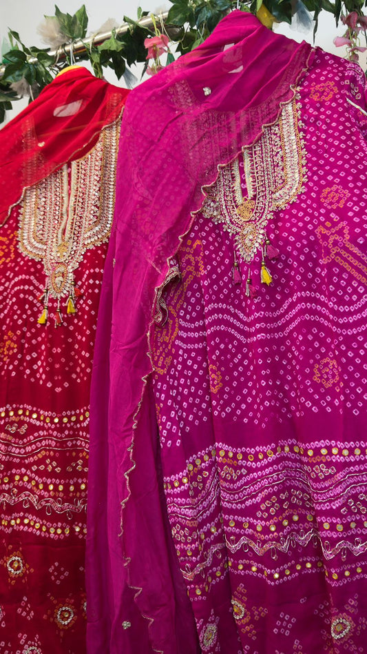 Bandhani Farshi pants pure Georgette suit with handwork silk bottom & organza Dupatta