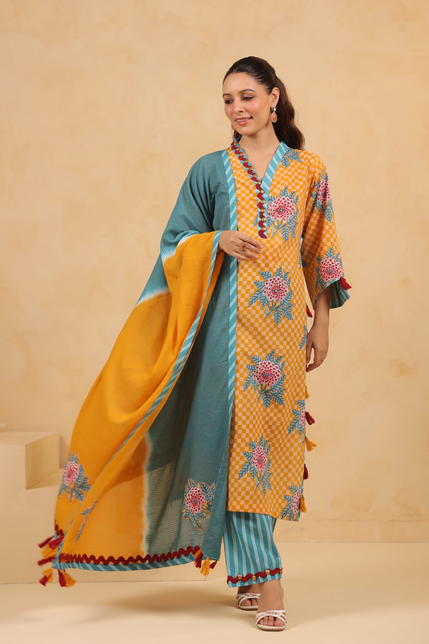 Yellow  Gomertical cotton premium suit with beautiful detailing & kota doria dupatta