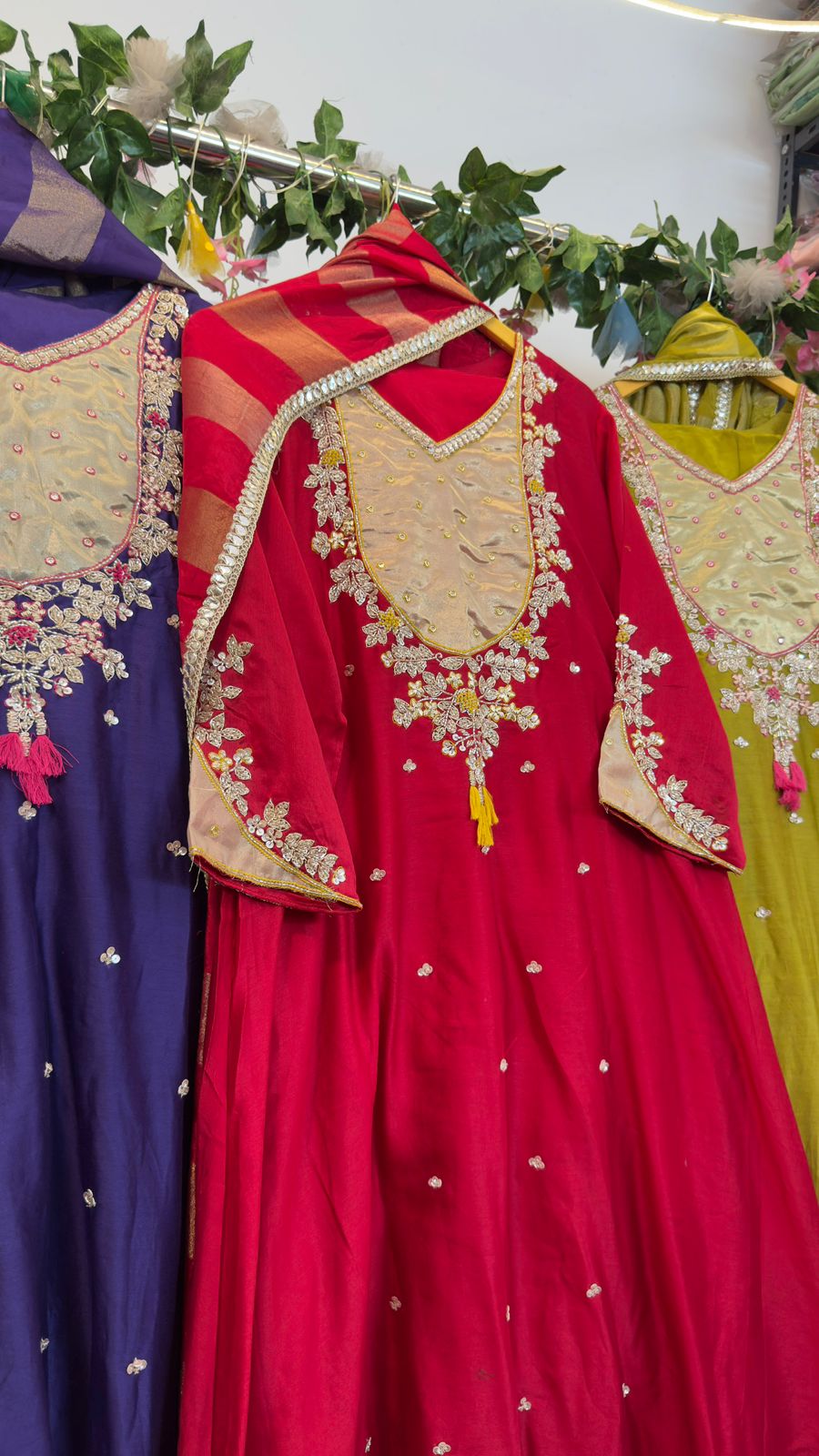 Tissue yoke with handwork pure chandari silk Anarkali suit