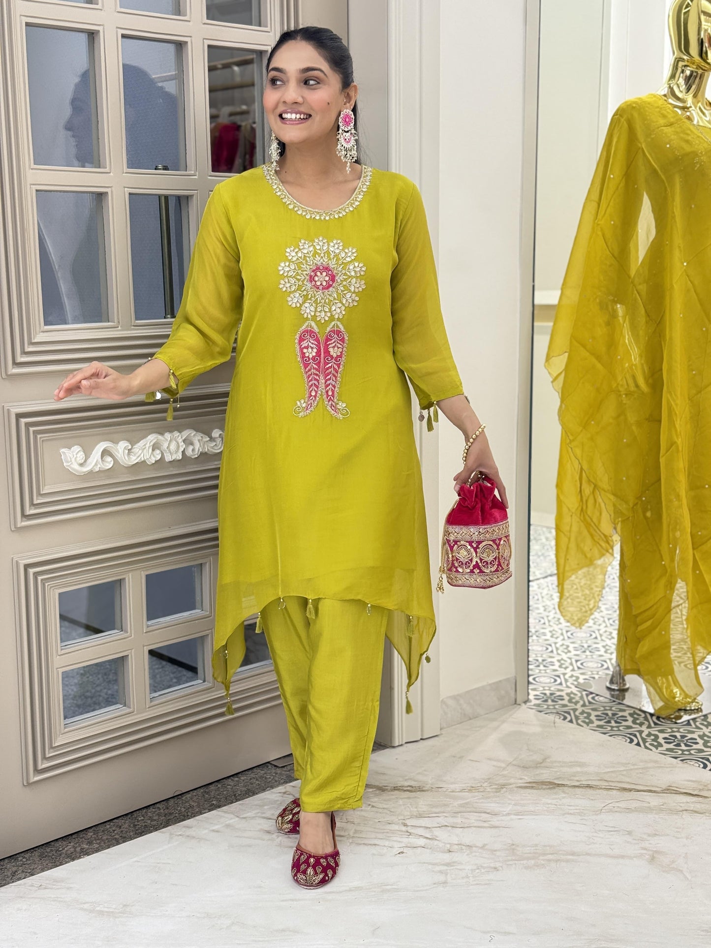 Green organza top with handwork with Santoon silk pants