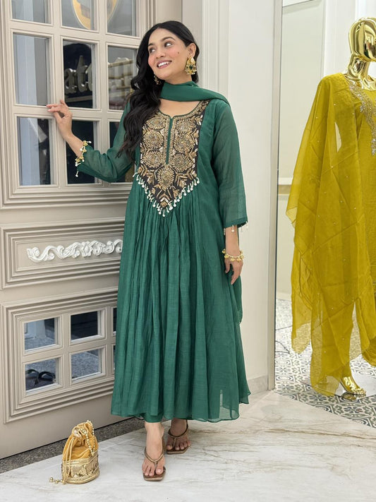 Bottle green  mul chandari Anarkali