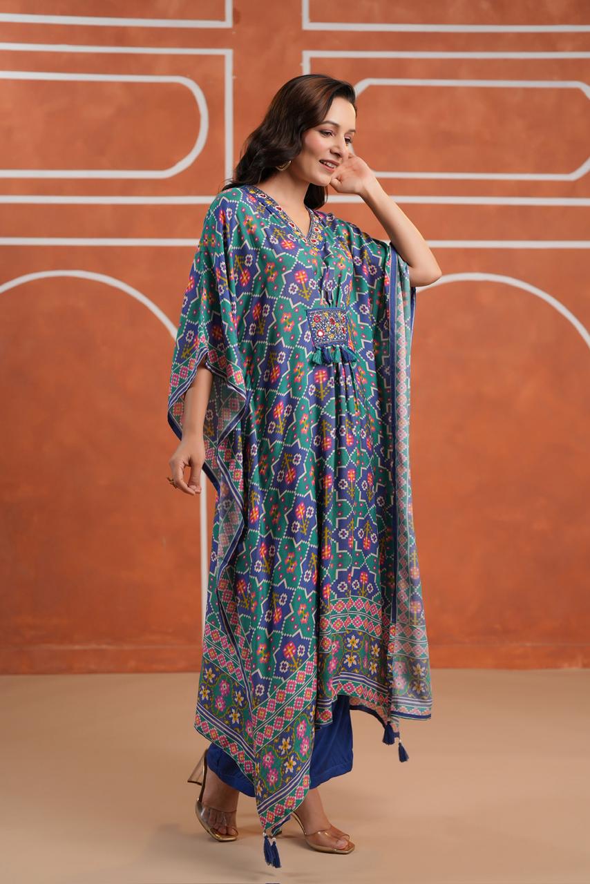 Blue Patola muslin silk kaftan pants with real mirror handwork detailing