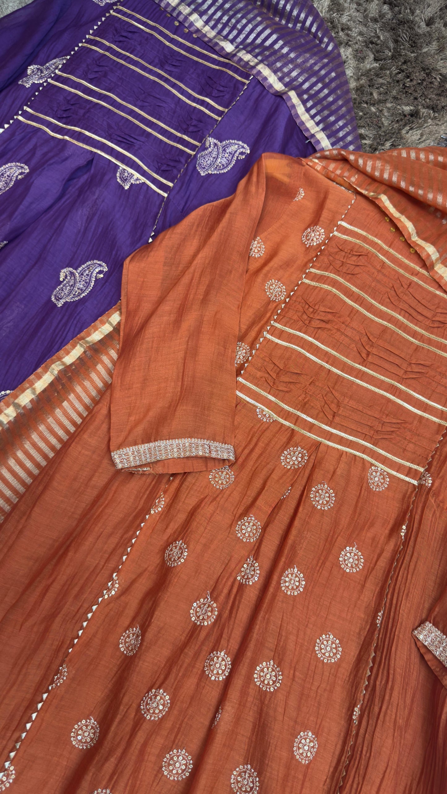 Heer classy Aline mul chandari suit with tissue dup & cotton silk pants