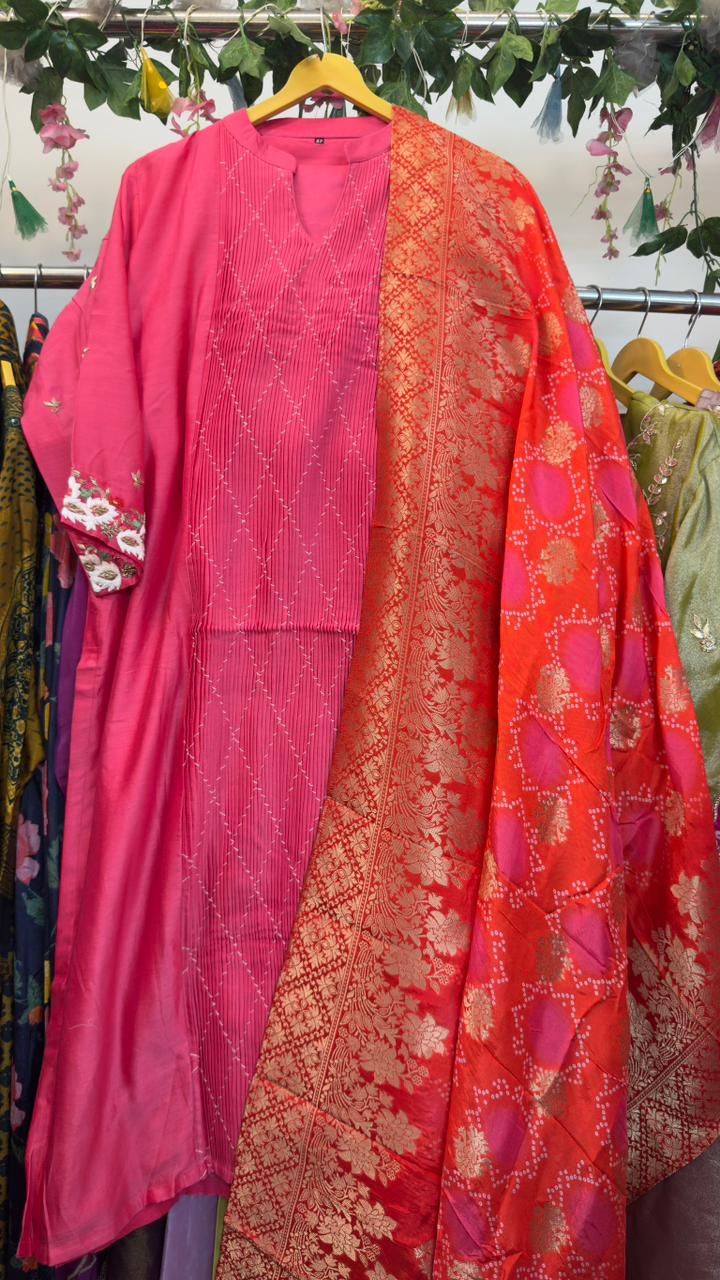 Premium ethnic chandari silk with pure banaras Dupatta