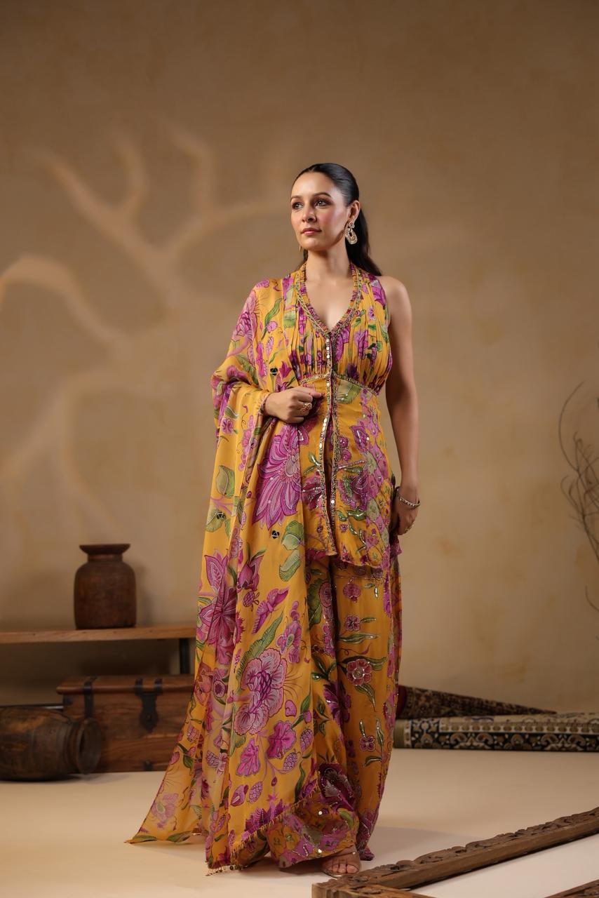 Mustard Georgette Floral Printed Mirror Embellished Suit Set