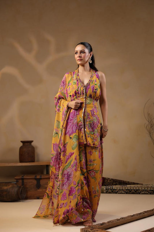 Mustard Georgette Floral Printed Mirror Embellished Suit Set