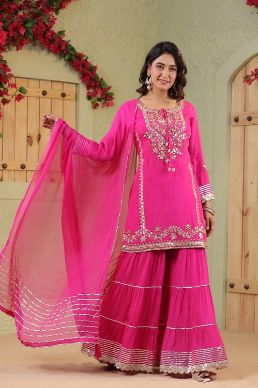 Rani pink  real mirror chinon Sharara set