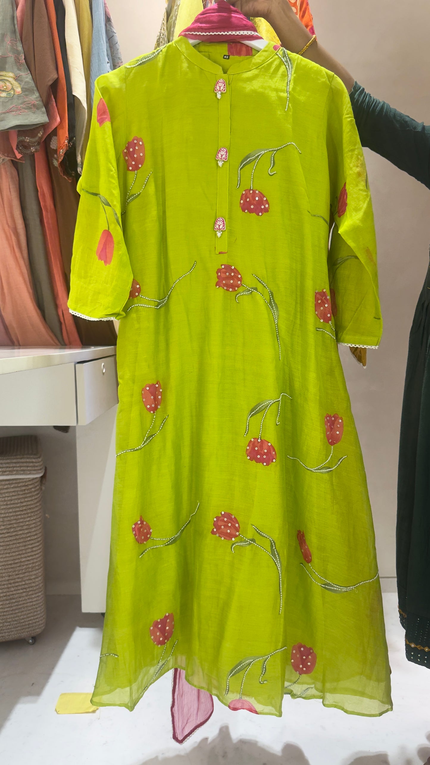 Neon shades classy flower print with hand work detailing in pure mul chandari kurta with chiffon dup and cotton pants