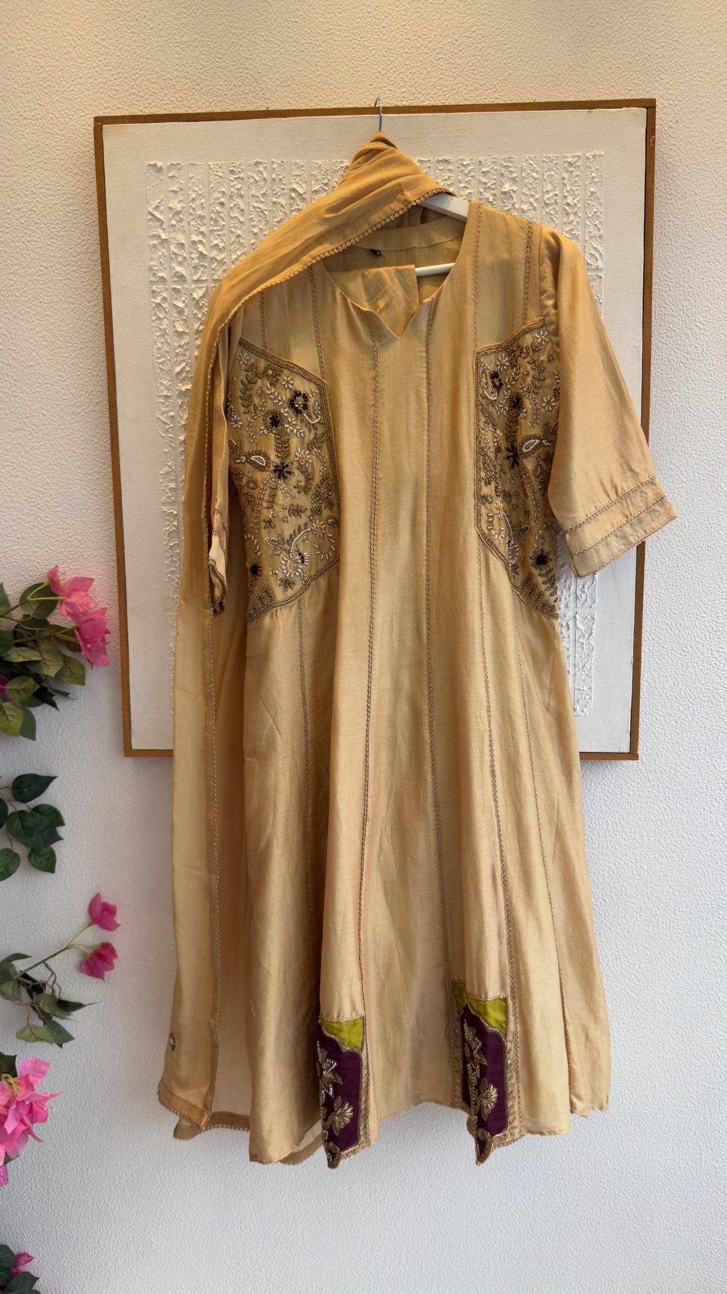 Mughal appliqué zardozi work premium chandari silk Anarkali