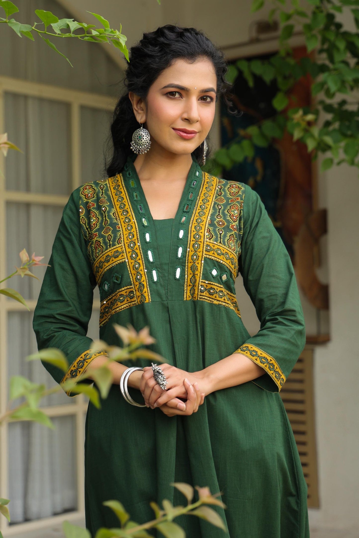 Green Kutch real mirror cotton kurta palzoo