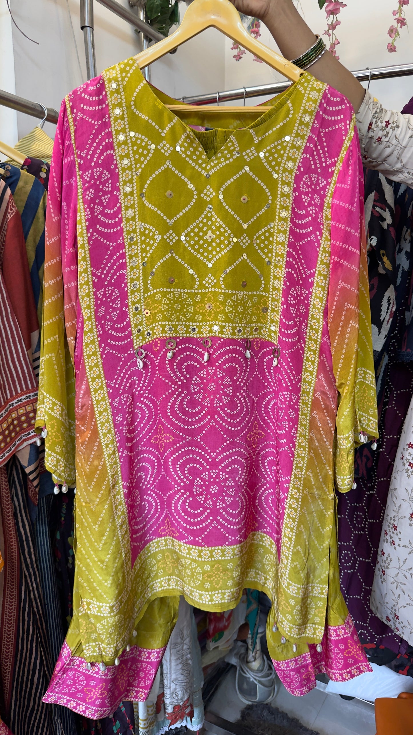Pink yellow Bandhani crepe co ord set