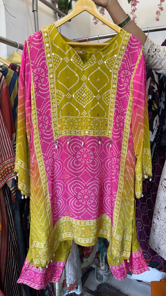 Pink yellow Bandhani crepe co ord set