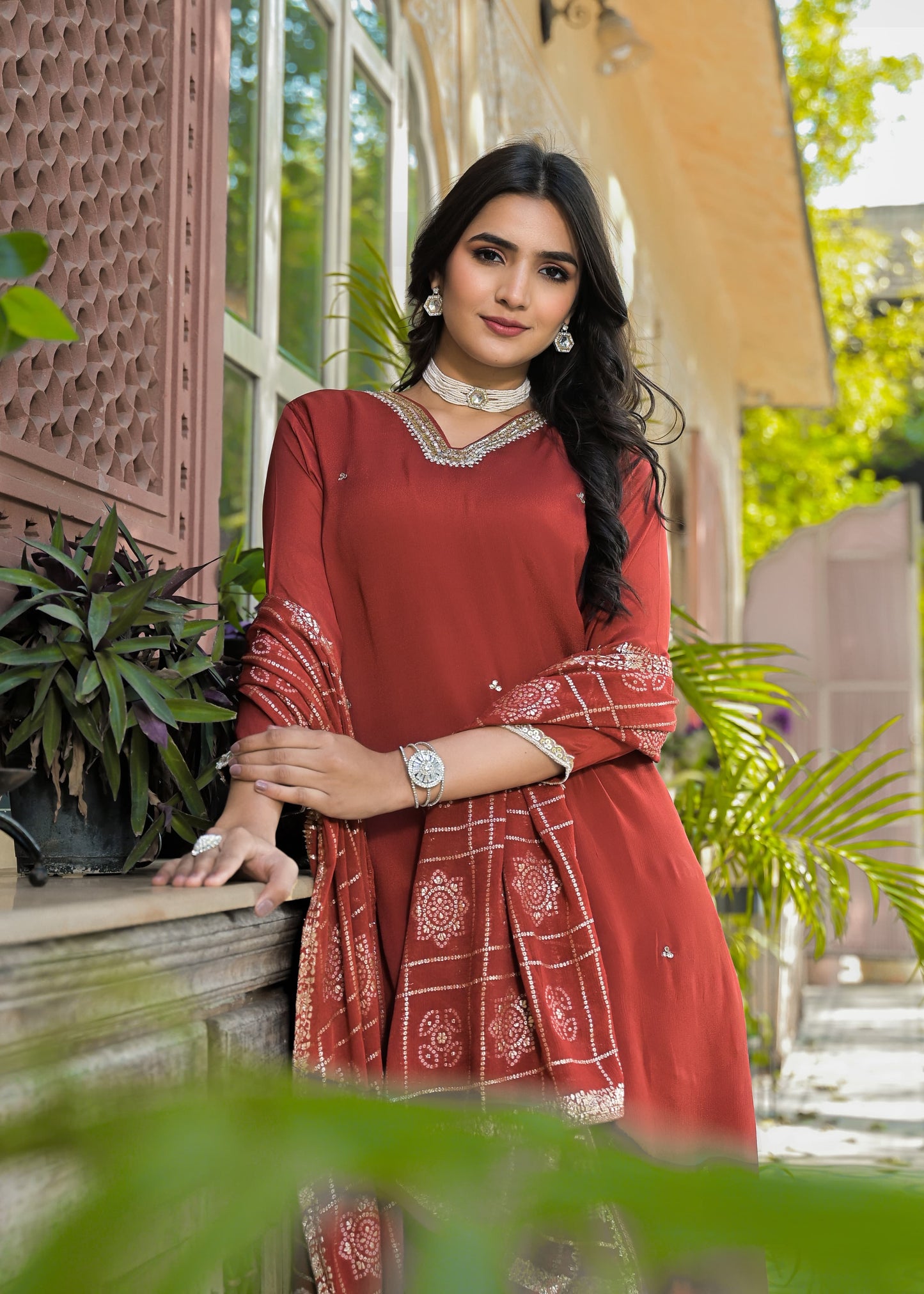 Chinon red & rust Bandhani Dupatta