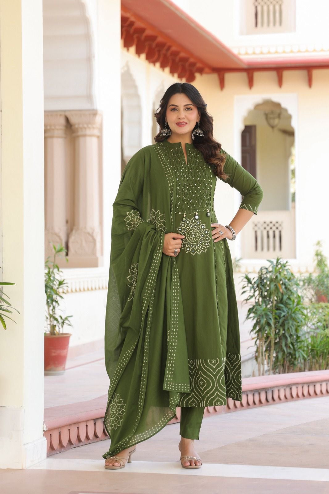 Mehendi green cotton Bandhani real mirror work detailing
