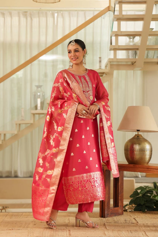 Pink Pure banaras organza silk with cotton lining suit
