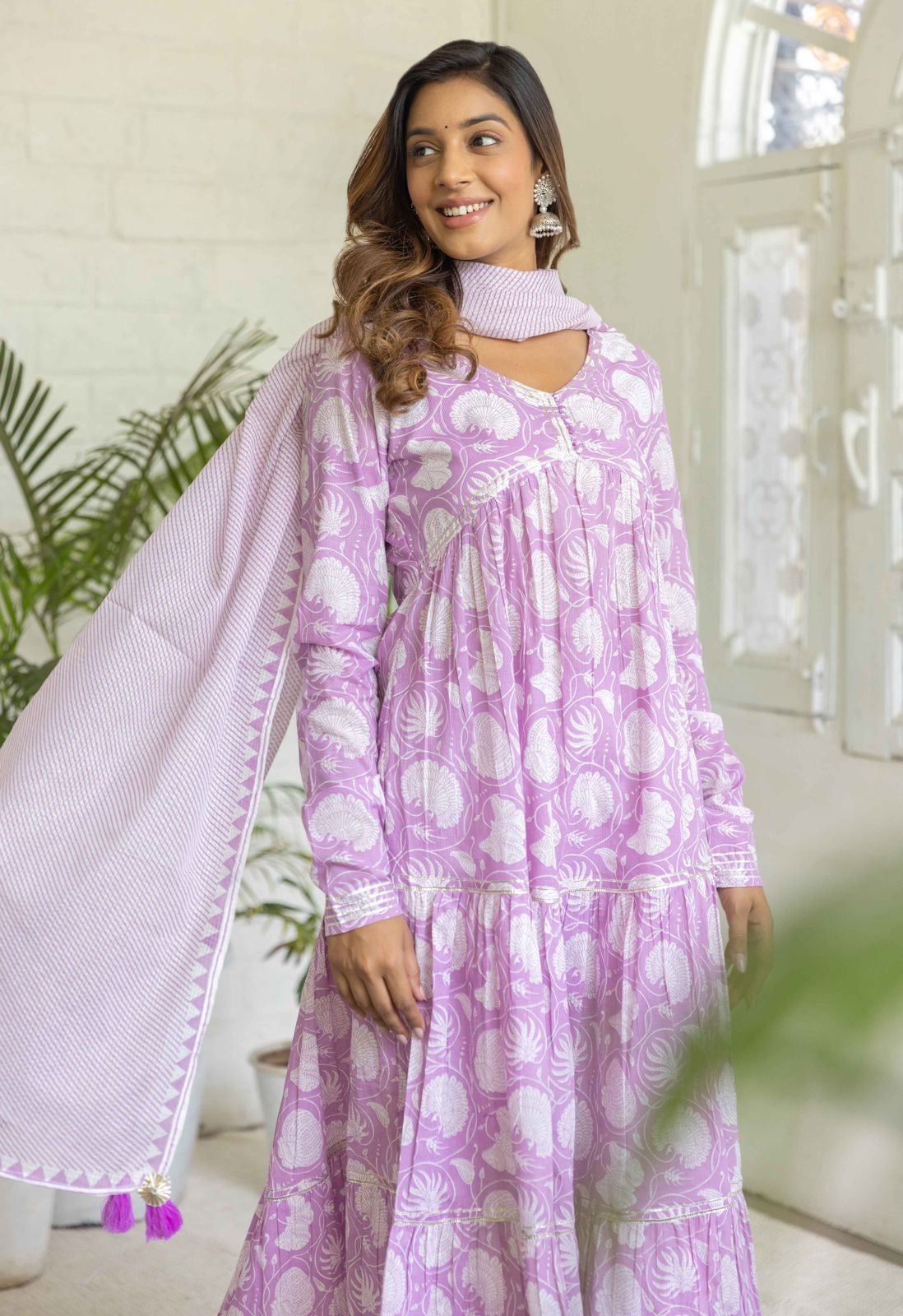 Preety green / purple cotton  layed anarkali