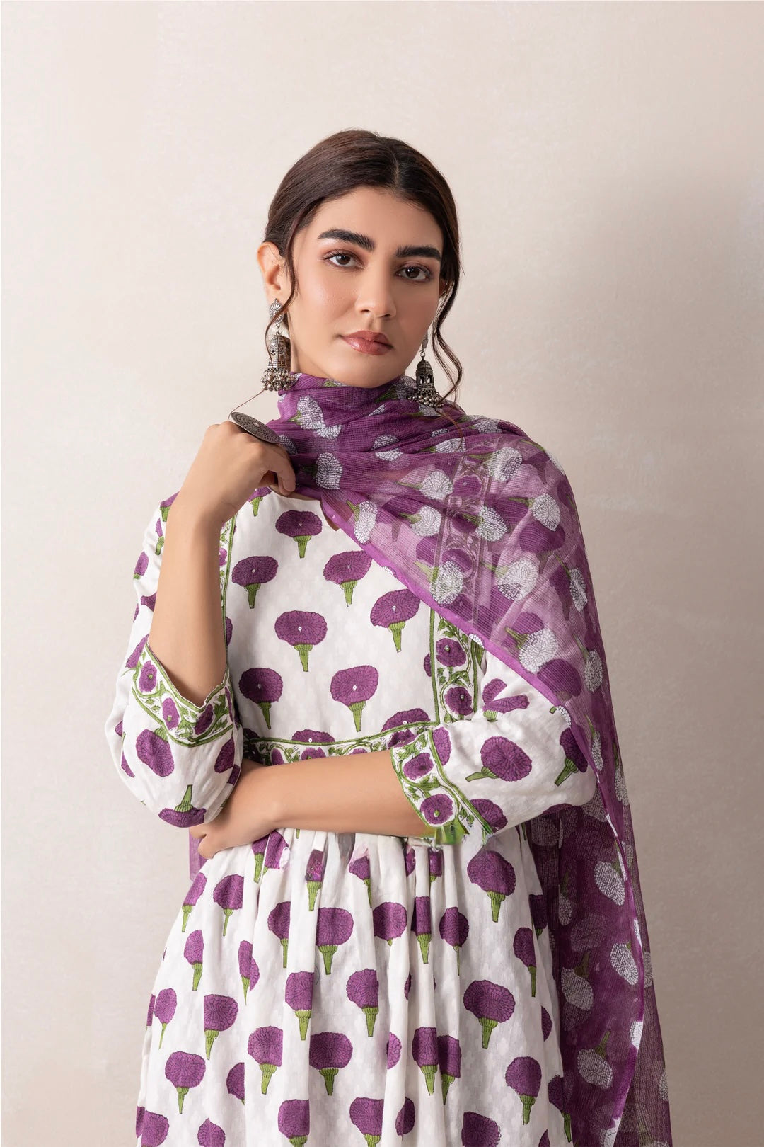 Purple  marigold handblock cotton suit with pure kota doria dupatta